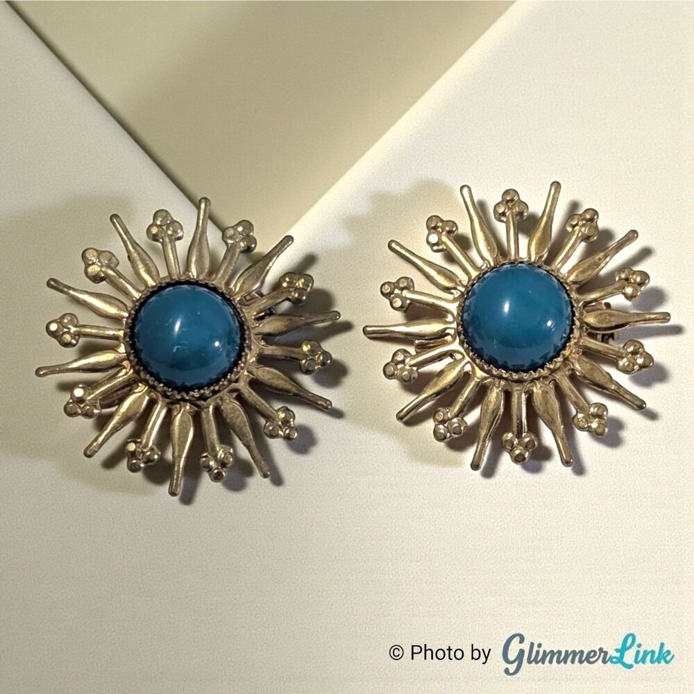 Vintage Starburst Scatter Brooch Set Gold Tone with Blue Cabochons Set of 2
